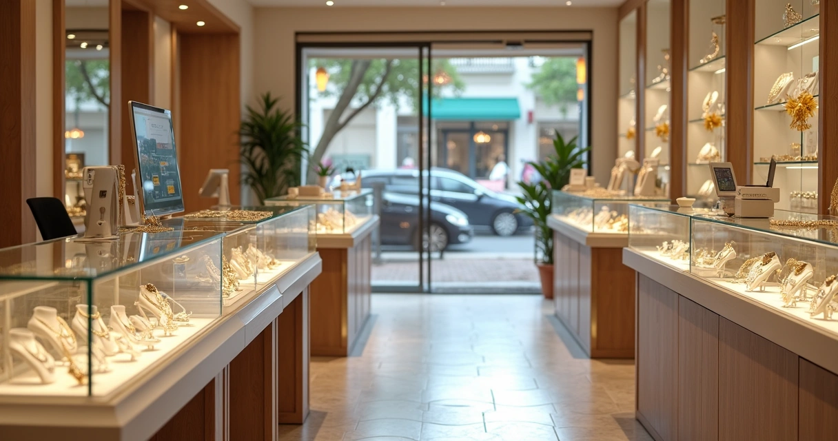 Vitrine de joalheria organizada com joias douradas e clima de pós-carnaval 
