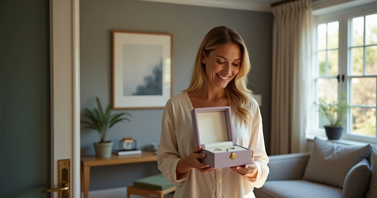 Cliente recebe caixa de joia em casa, sorrindo
