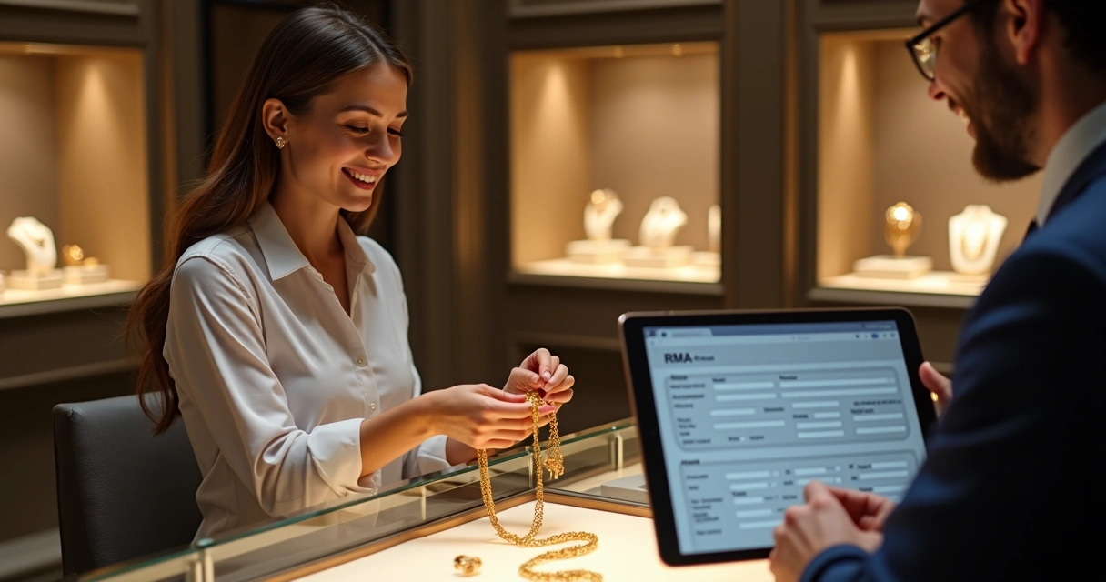 Atendente faz registro de devolucao de joia para cliente 