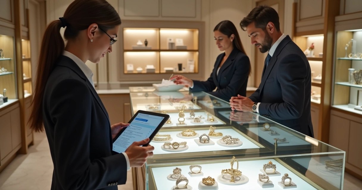 Joalheria elegante com vitrines exibindo joias em consignação bem organizadas e equipe consultando sistema de gestão digital 