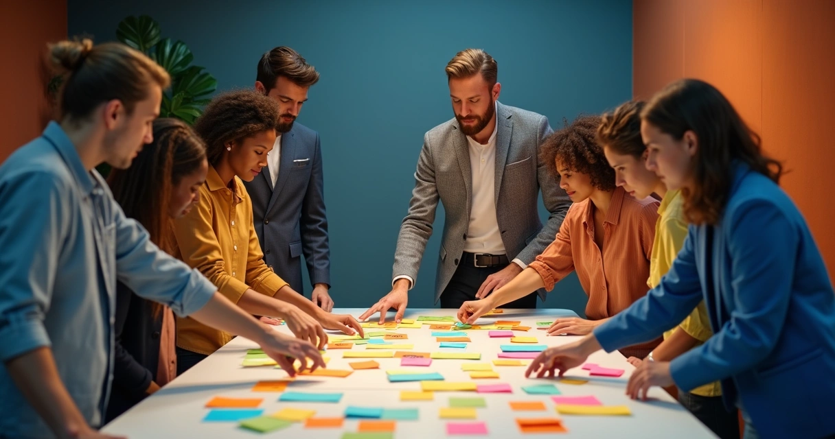 Equipe discutindo ideias flexíveis com post-its coloridos 