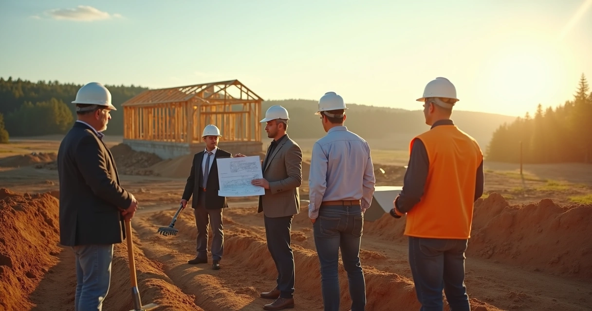 Business people in rural setting breaking ground at construction project 