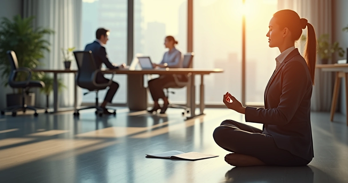 Business person practicing meditation before a job interview in an office setting
