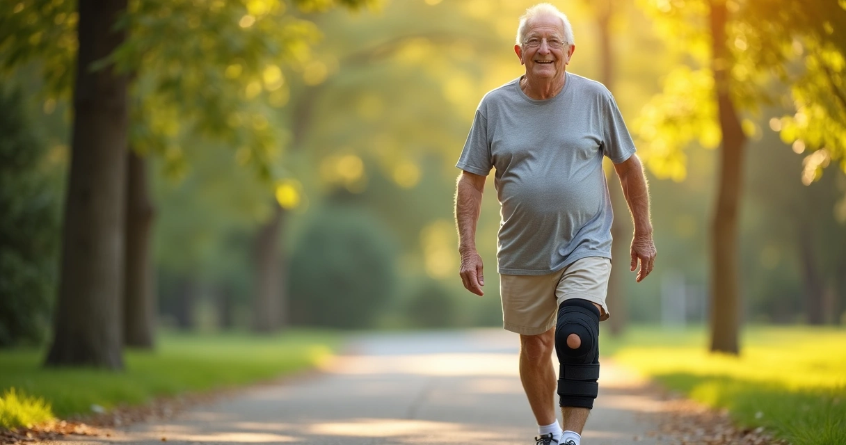 Idoso caminhando ao ar livre usando joelheira de compressão 