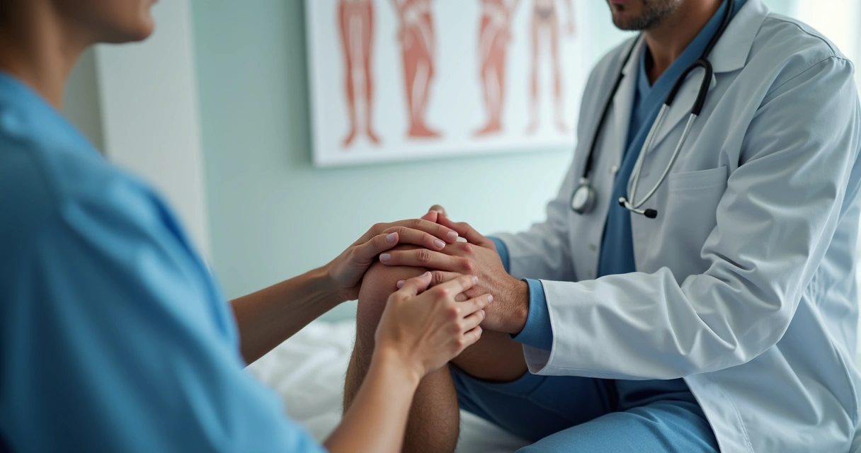 Profissional examinando joelho de paciente em consultório 