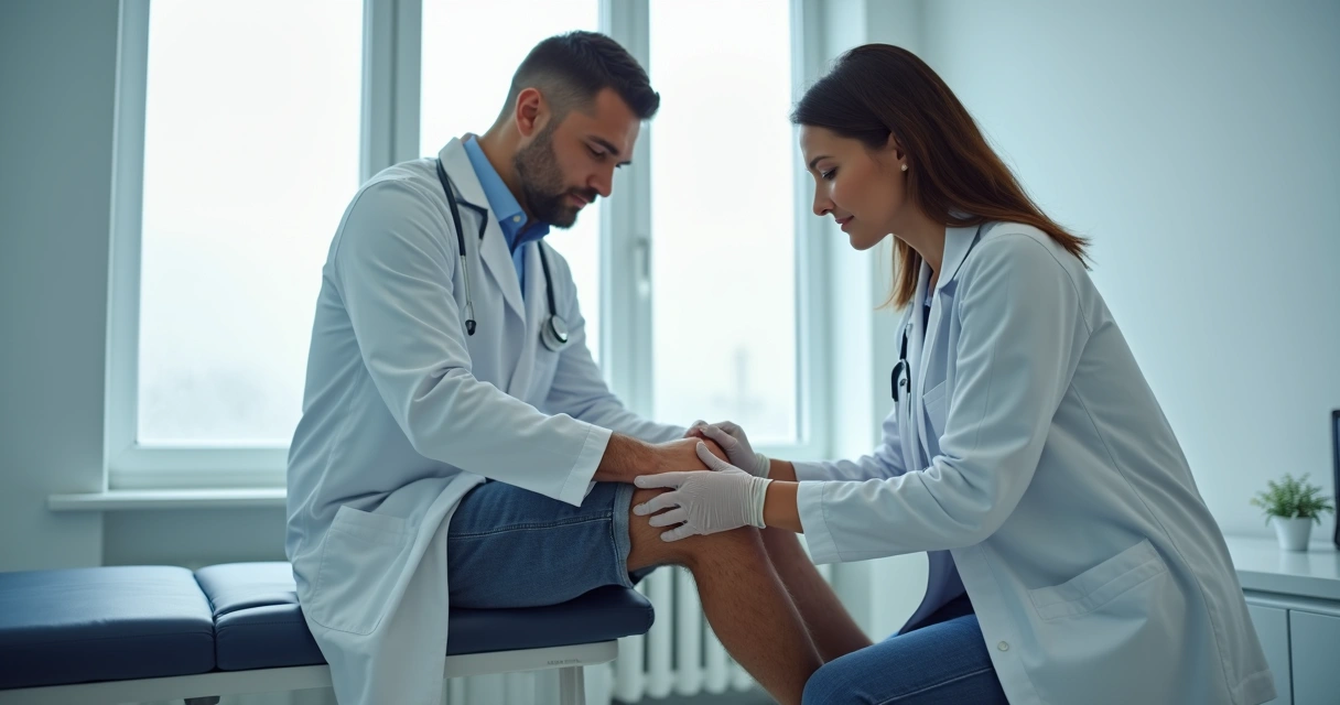 Médico examinando joelho de paciente em consultório ortopédico
