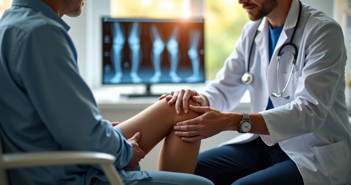 Ortopedista examinando joelho de paciente em consultório 