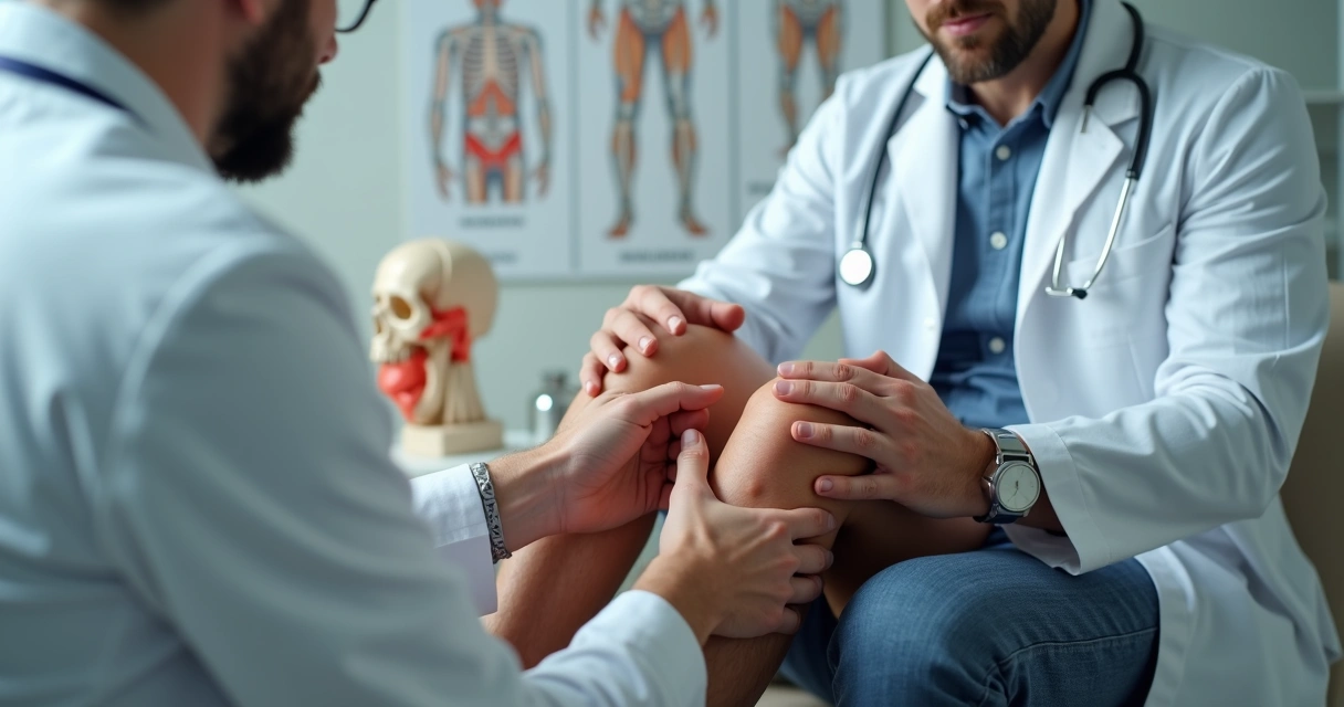 Médico examina joelho inchado de paciente em consultório 