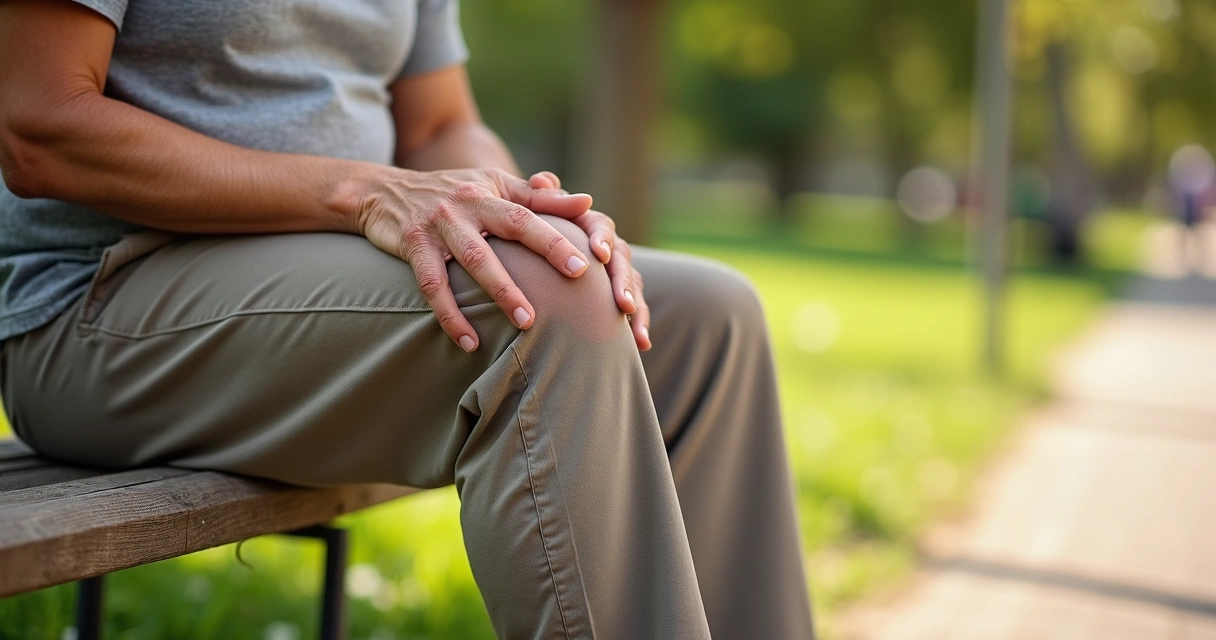 Pessoa madura sentada em banco de parque tocando o joelho inchado 