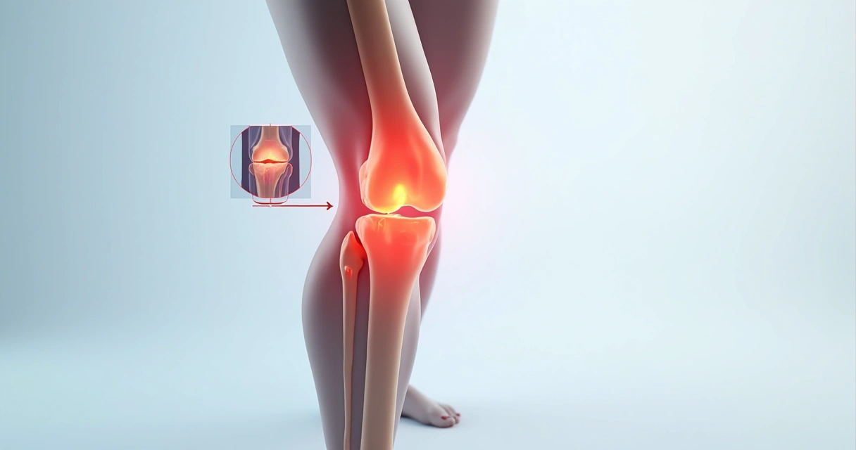 Ilustração realista mostrando estrutura interna do joelho com ligamento cruzado anterior lesado 