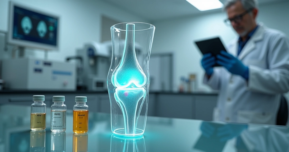 Joelho com tratamento regenerativo mostrando cartilagem em ambiente de laboratório moderno 