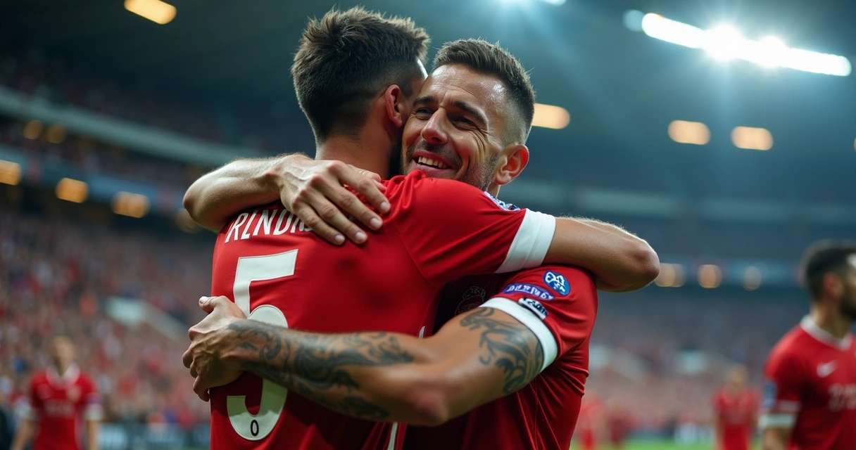 Jogador de futebol abraçando o pai após vitória 