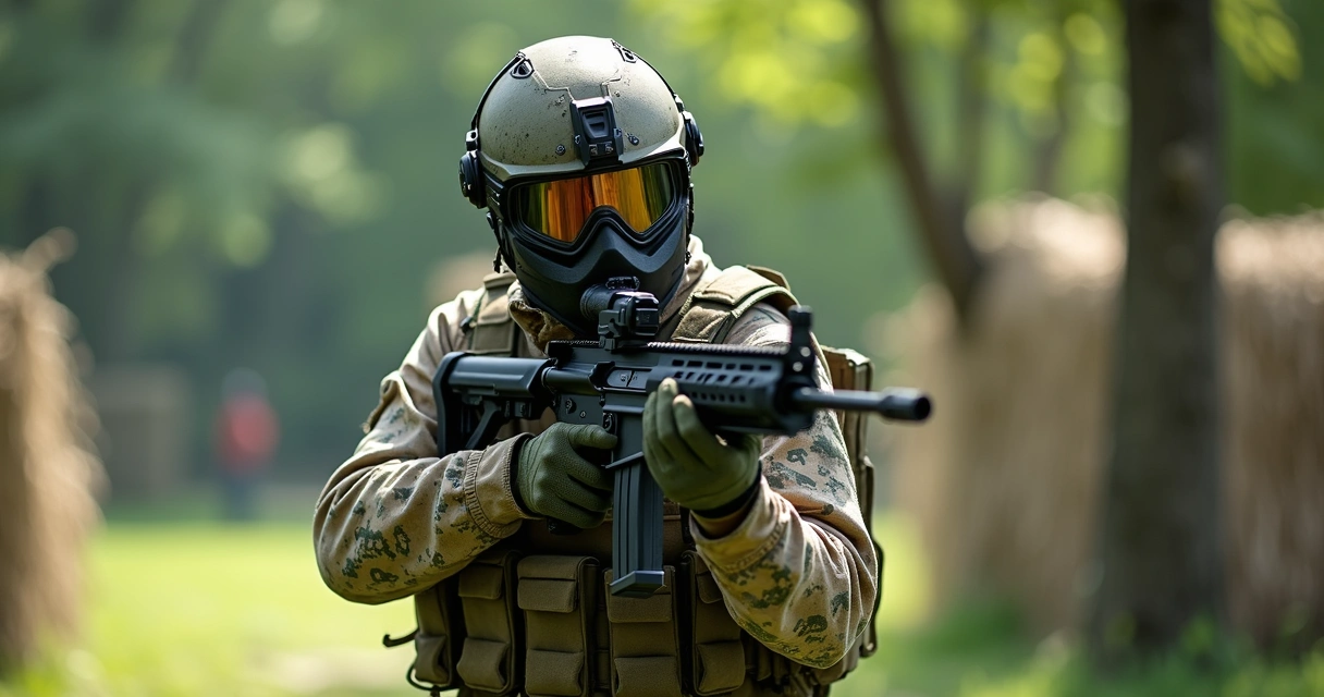 Jogador de airsoft com equipamento tático completo em cenário ao ar livre 