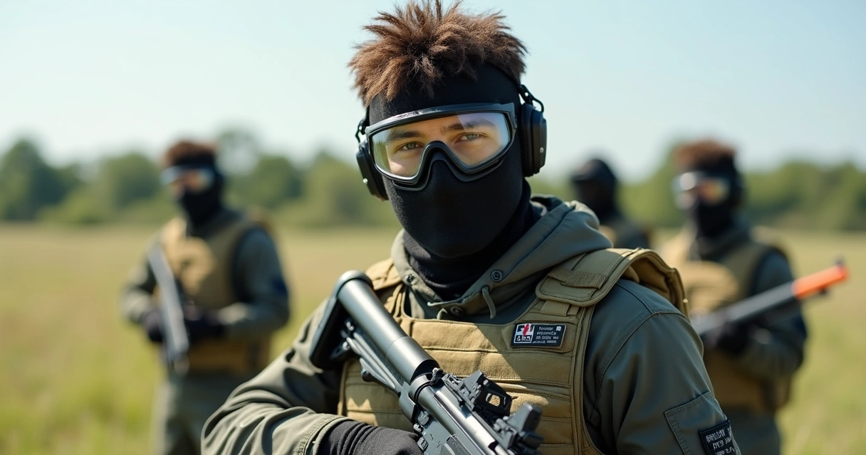 Jogador airsoft com loadout básico e réplica elétrica