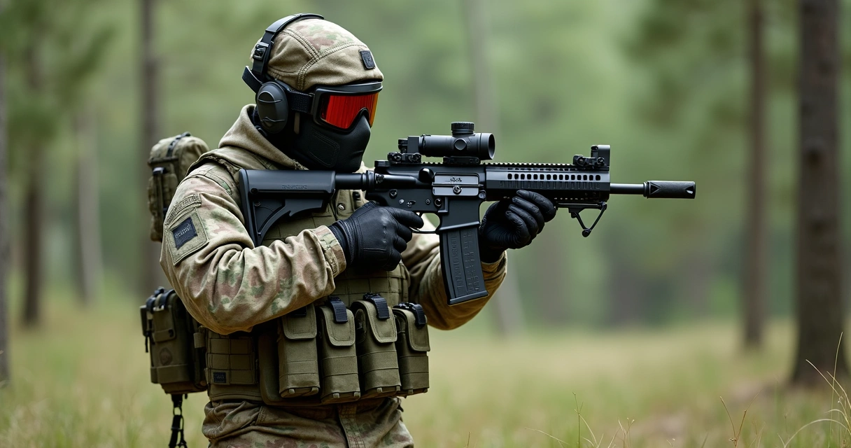Jogador de airsoft com kit completo em cenário natural 