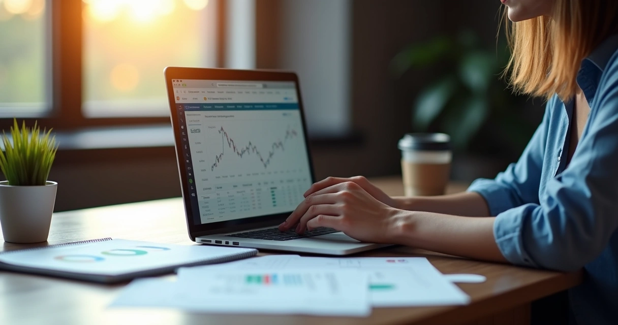 Pessoa analisando dados de mercado em um notebook contra luz suave