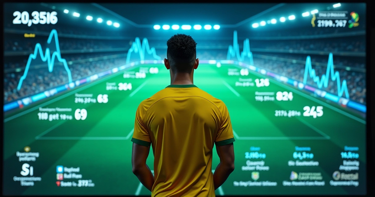 Jogador brasileiro sendo analisado com gráficos de estatísticas e valores de transferência