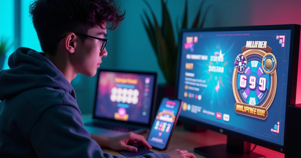 Jogador atento fazendo aposta em seu computador 