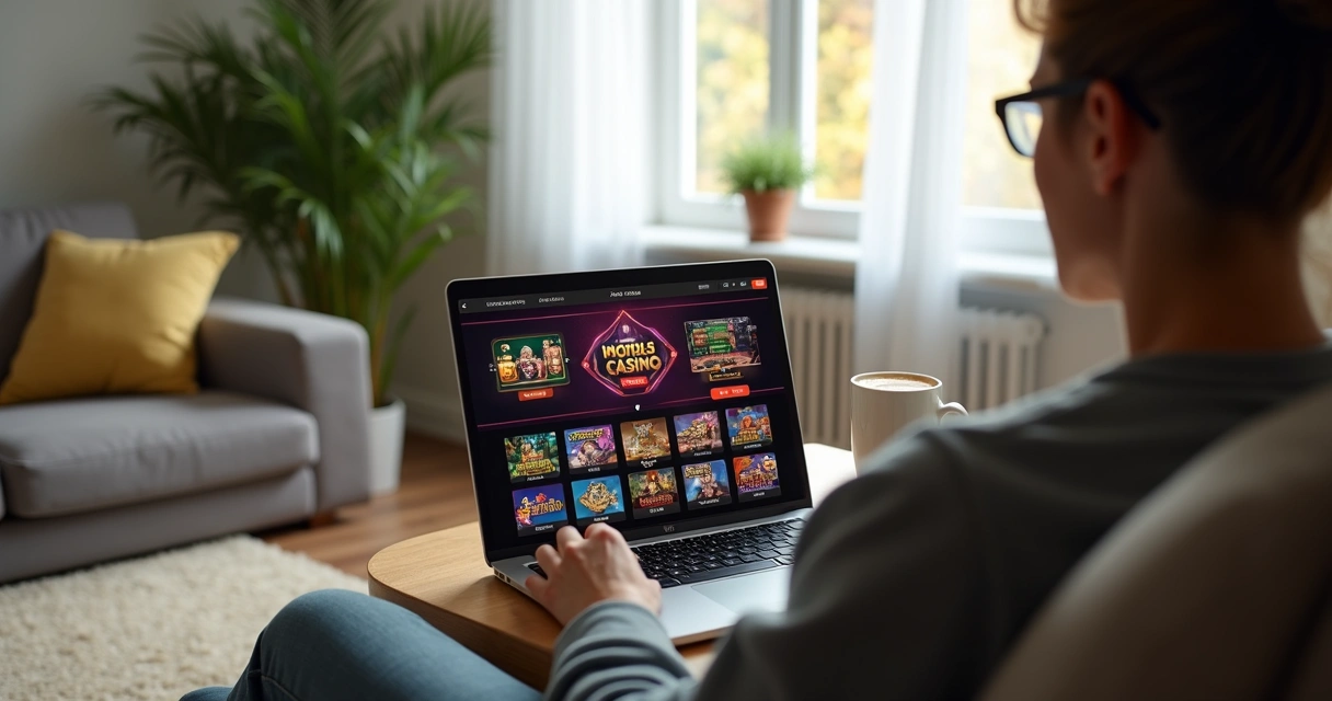 Pessoa jogando cassino online no laptop em casa 