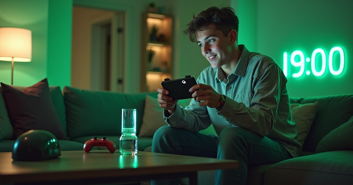 Jogador acessando Xbox Cloud Gaming no celular sentado em uma sala moderna 