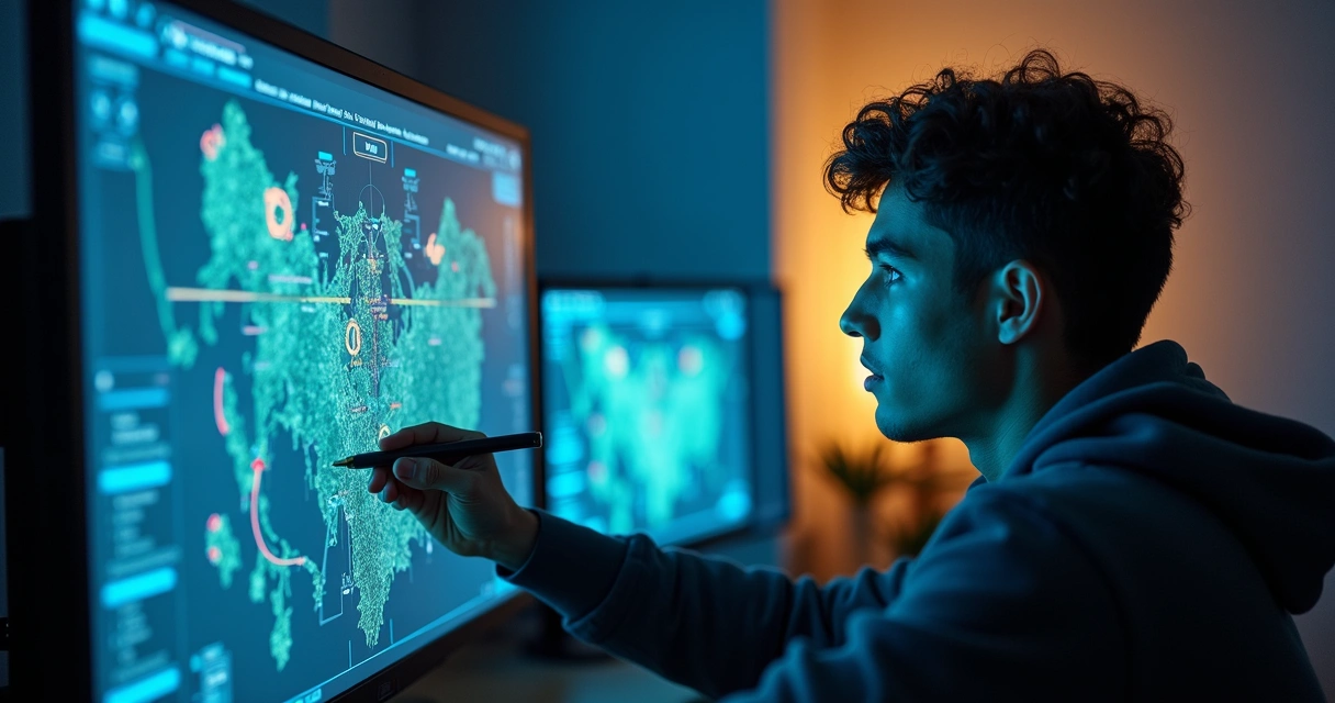 Jovem focado jogando no computador anotando estratégias 