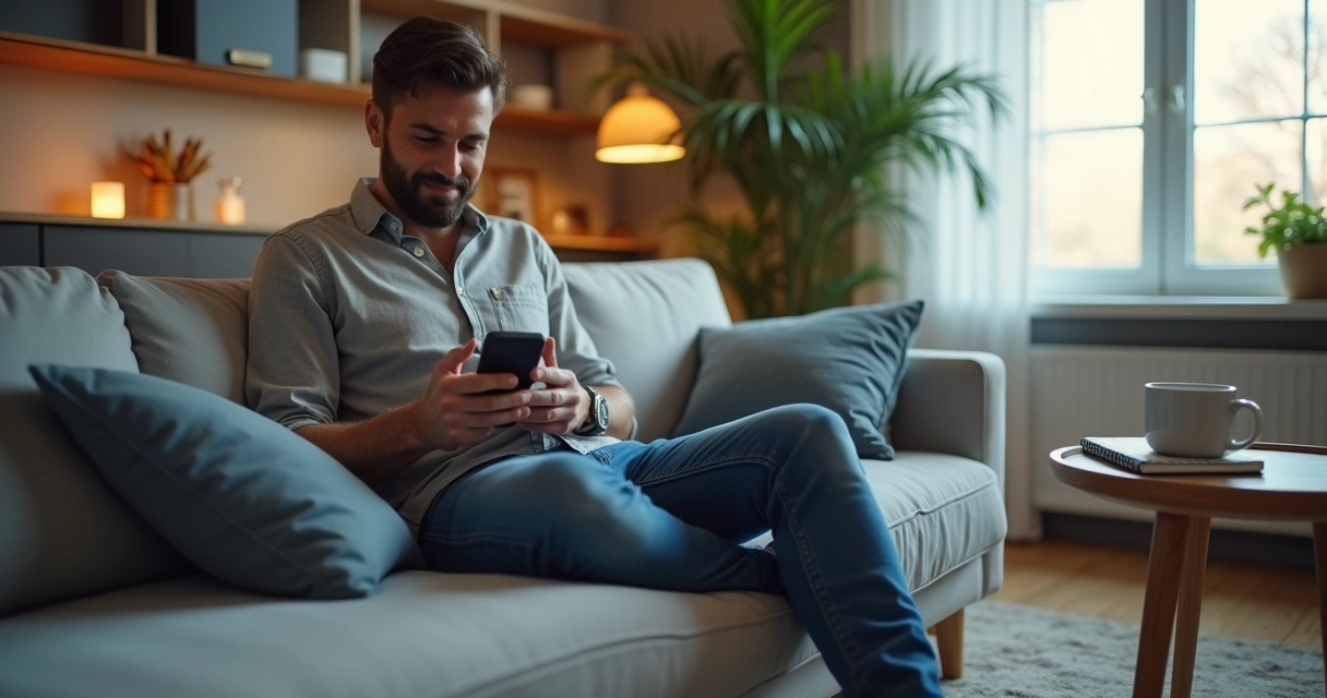 Homem jogando no smartphone no sofá de casa