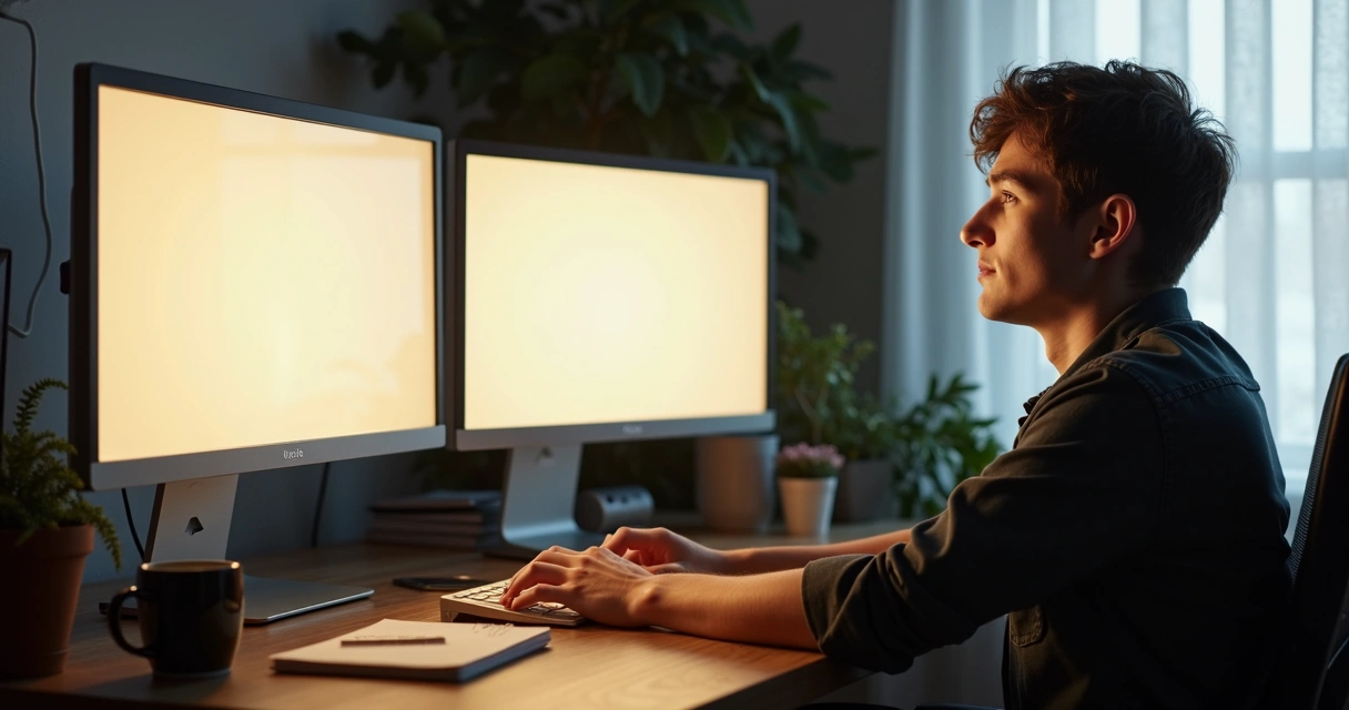 Jogador sentado olhando tela vazia de computador, esperando manutenção do jogo Tibia terminar