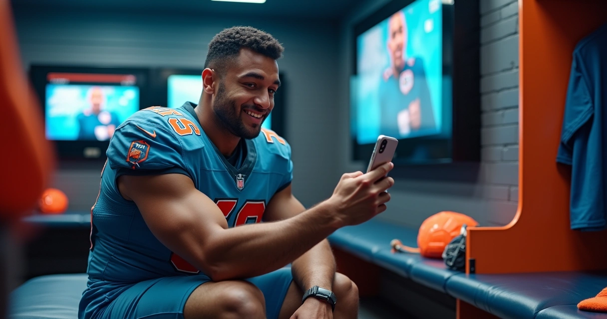 Jogador de futebol usando smartphone para interagir com fãs 