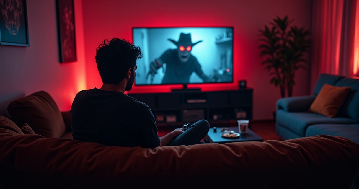 Jogador nervoso em sofá durante jogo de terror com tela mostrando monstro e ambiente sombrio.
