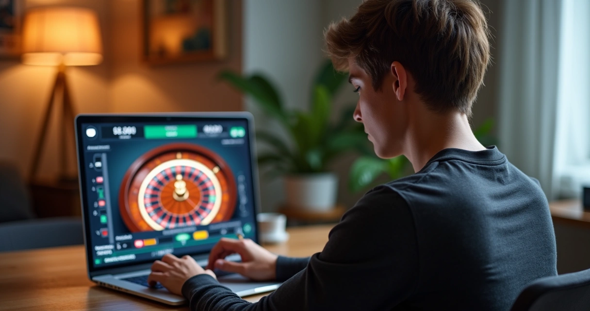 Pessoa jogando roleta online no notebook, com interface digital clara. 