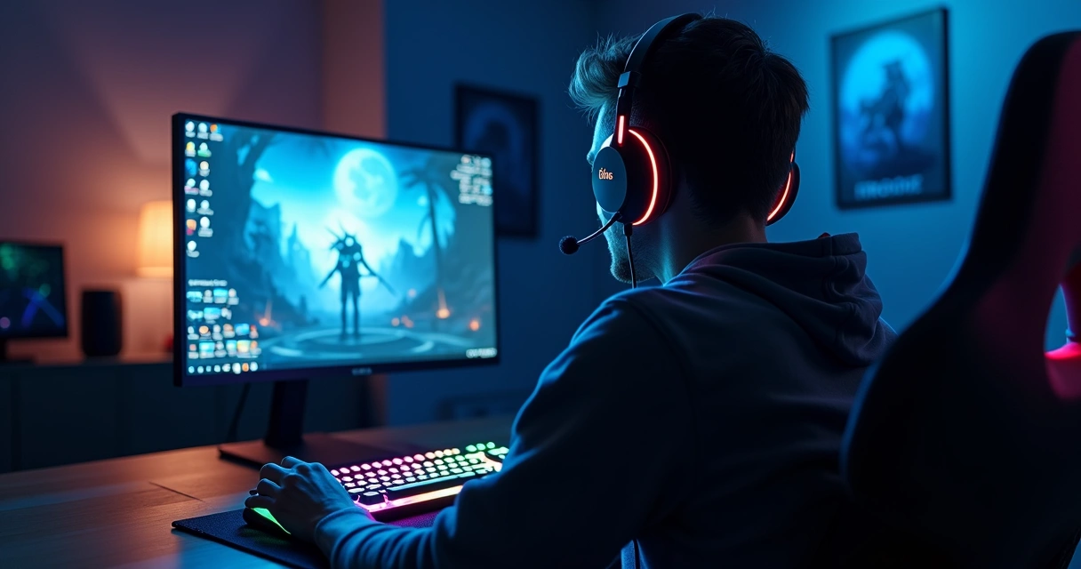 Jogador em um computador moderno com teclado iluminado em ambiente de quarto escuro 