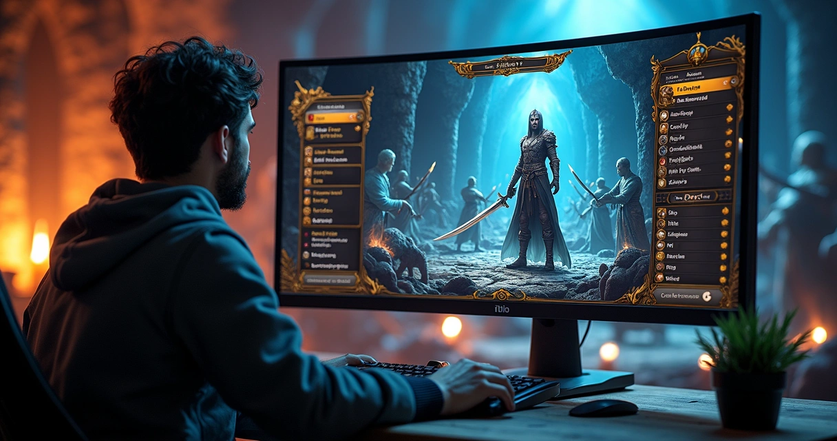 Jogador em Tibia treinando habilidades com personagens e equipamentos em cenário detalhado do jogo 