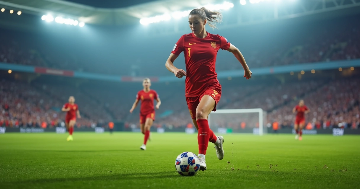 Jogadora de futebol feminino chutando bola em campo de estádio lotado 
