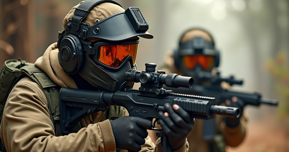 Jogadores de airsoft equipados com óculos de proteção, roupas táticas e em posição de partida ao ar livre 