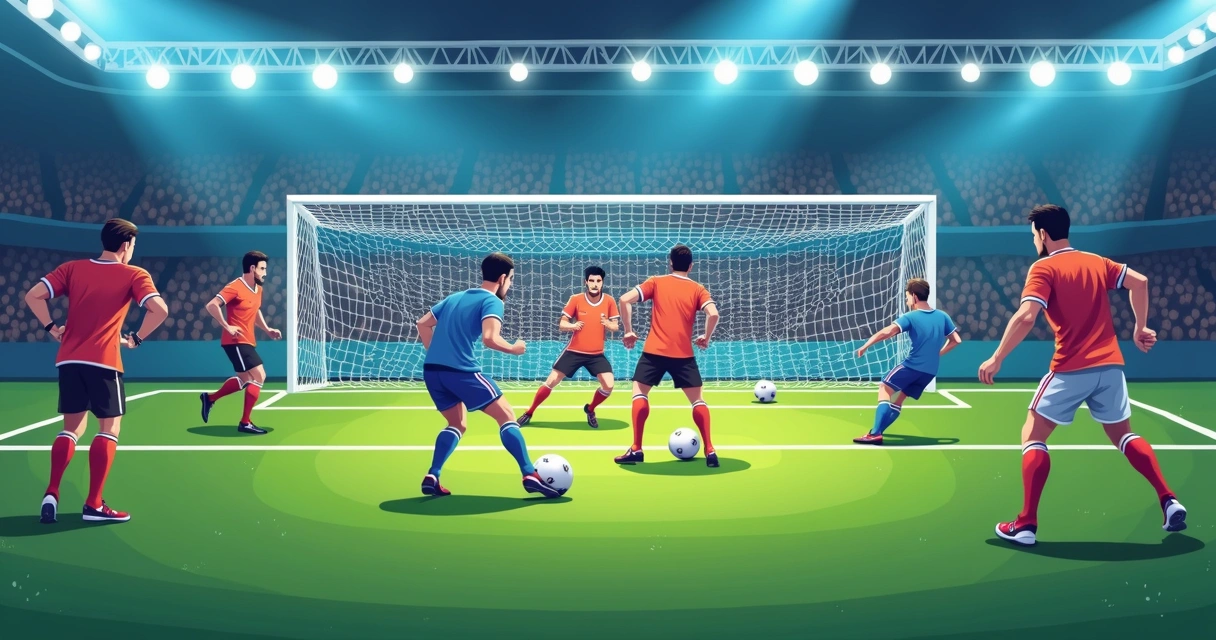 Jogadores de futebol pressionando perto do gol adversário 