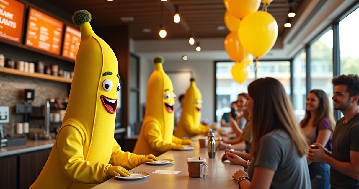 Jogadores de Banana Ball servindo clientes em cafeteria durante inauguração 