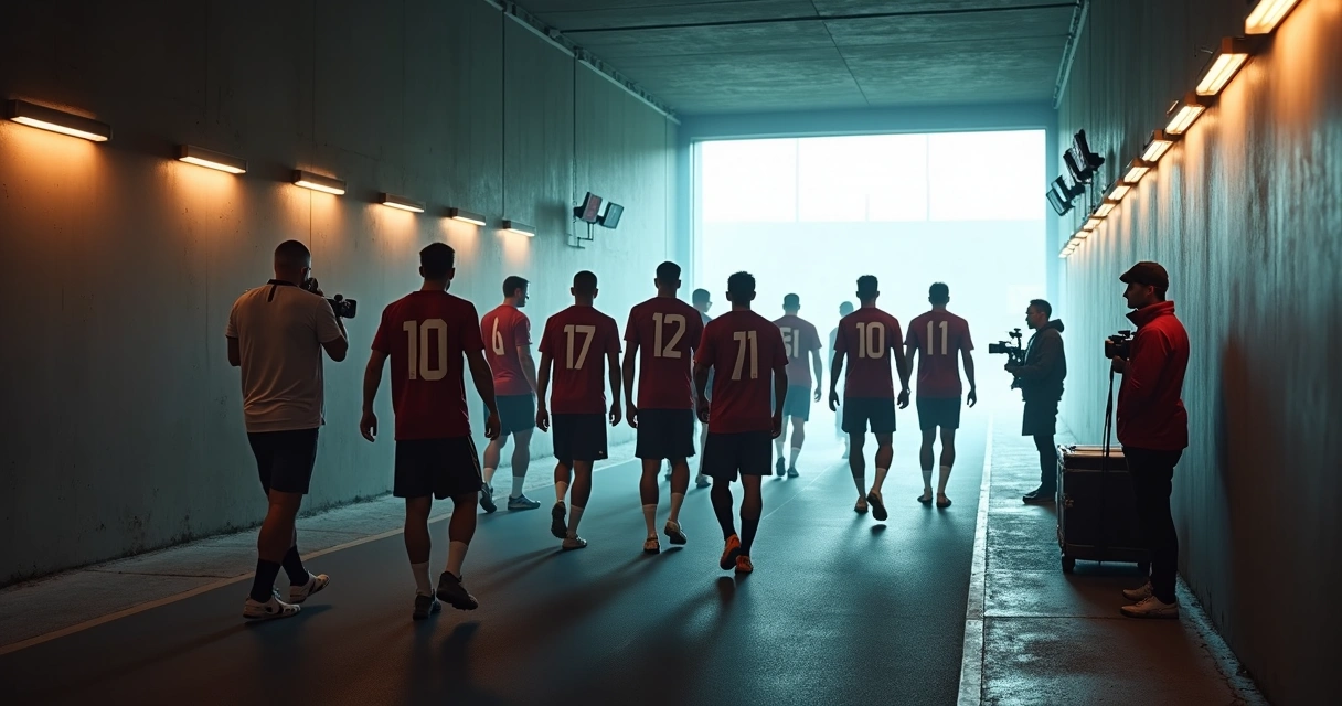 Jogadores caminhando no túnel iluminado rumo ao campo de futebol 