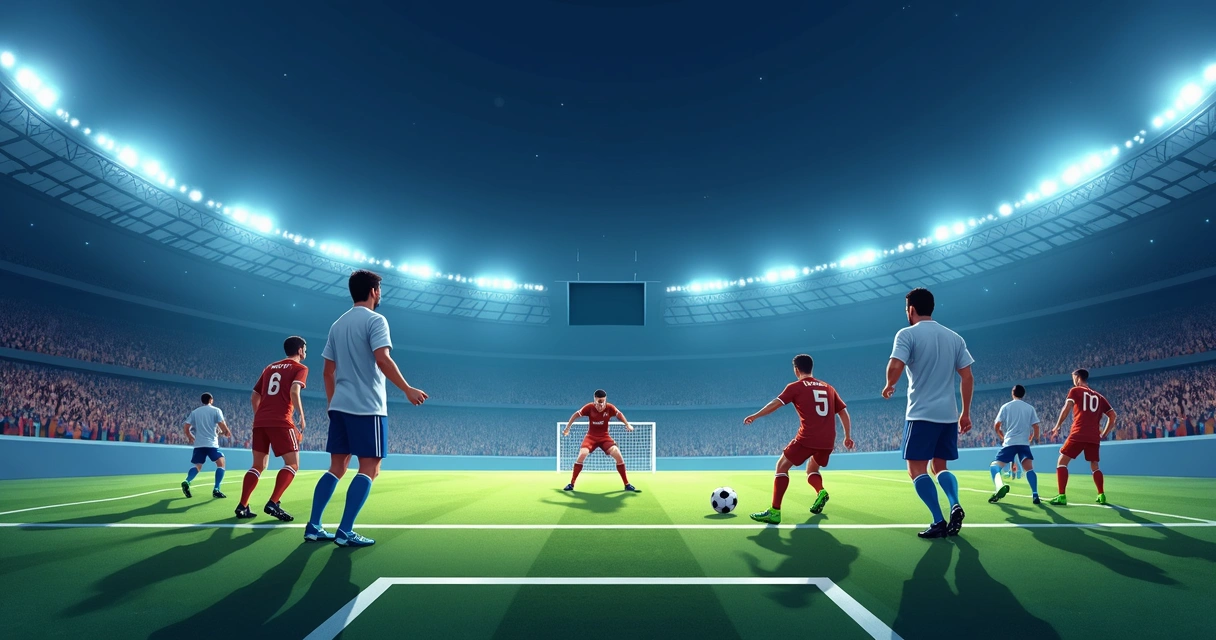 Duas equipes de futebol posicionadas para a cobrança de escanteio em um estádio iluminado. 