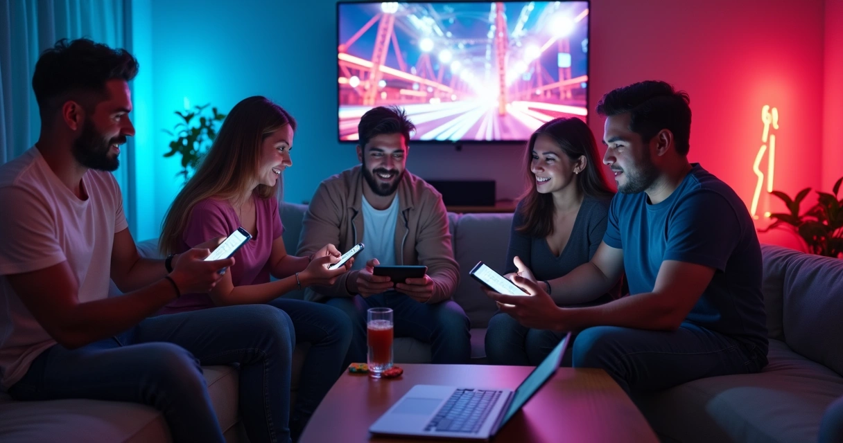 Grupo de amigos jogando juntos em celulares e computador 