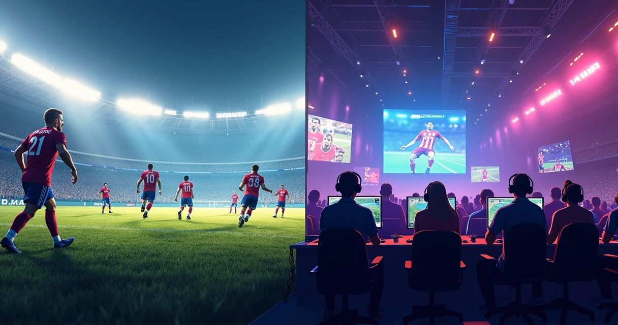 Jogadores de futebol em campo e jogadores de e-sports em arena digital
