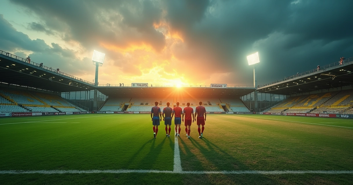 Jogadores em liga alternativa caminhando por gramado dividido entre sucesso e fracasso 
