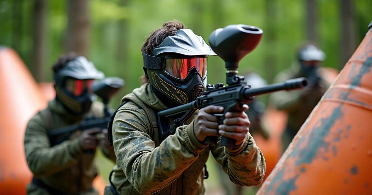 Jogadores de paintball com equipamentos completos em posição de jogo ao ar livre 