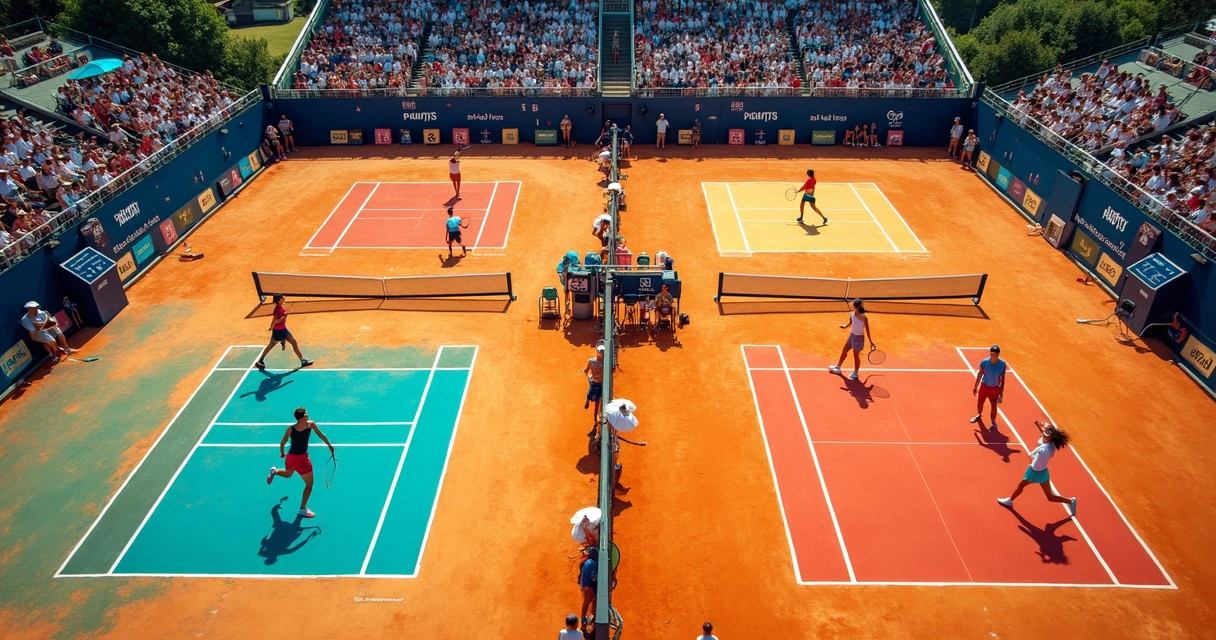 Vários jogadores de raquete em uma quadra disputando partidas simultâneas 