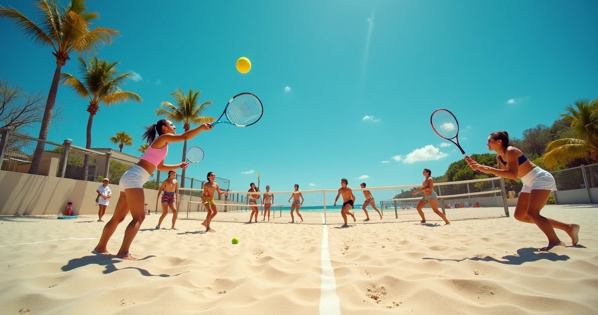 Jogadores de beach tennis em treino na areia 