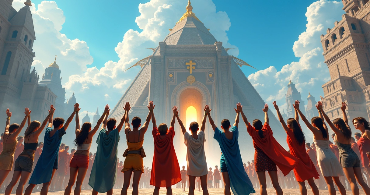 Jogadores Tibia unidos em frente a um templo 