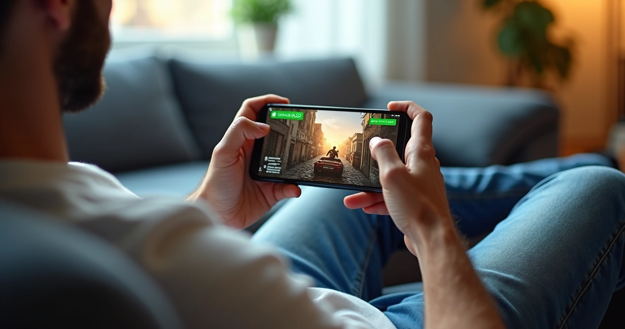 Homem segurando celular com jogo na tela via streaming 