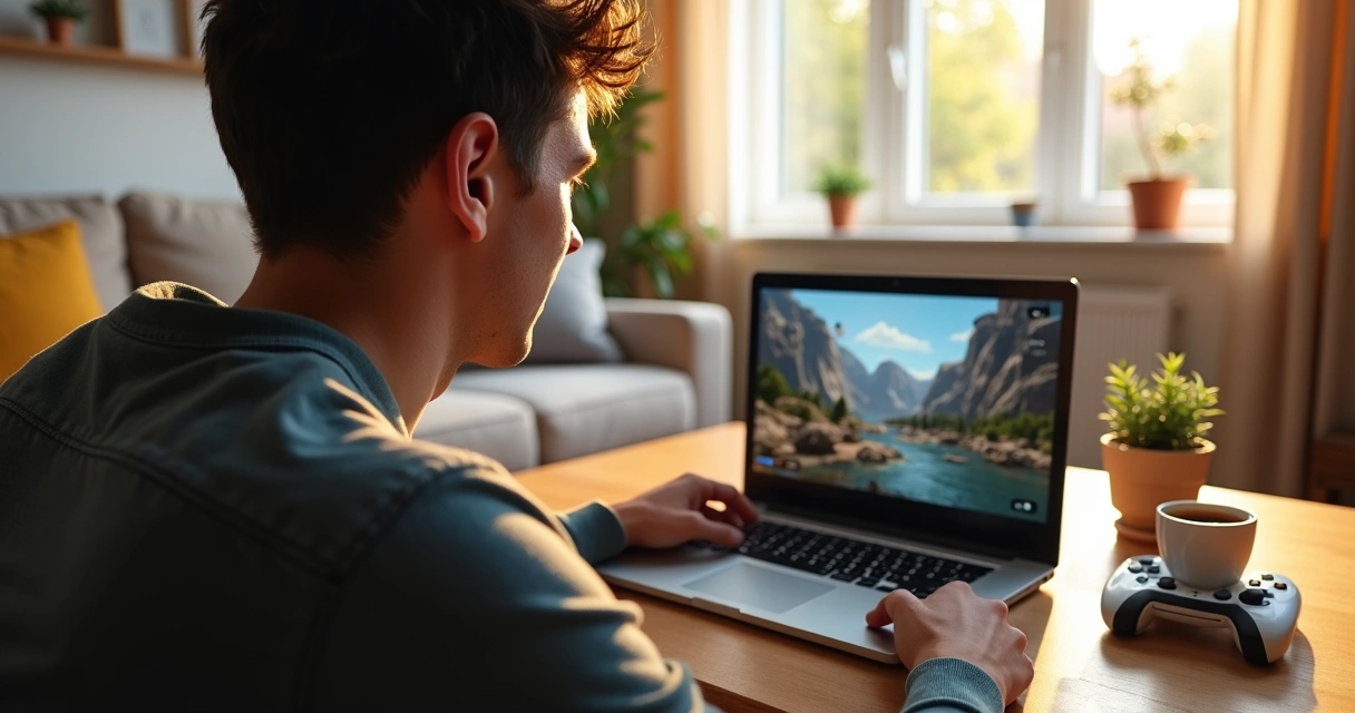 Pessoa jogando em notebook simples com controle bluetooth via streaming 