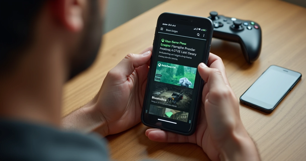 Celular mostrando jogo do Game Pass aberto, controle ao lado 