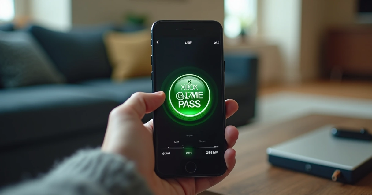 Mão segurando celular aberto em um jogo do catálogo do Xbox, conectado a uma rede Wi-Fi, sofá e notebook ao fundo 