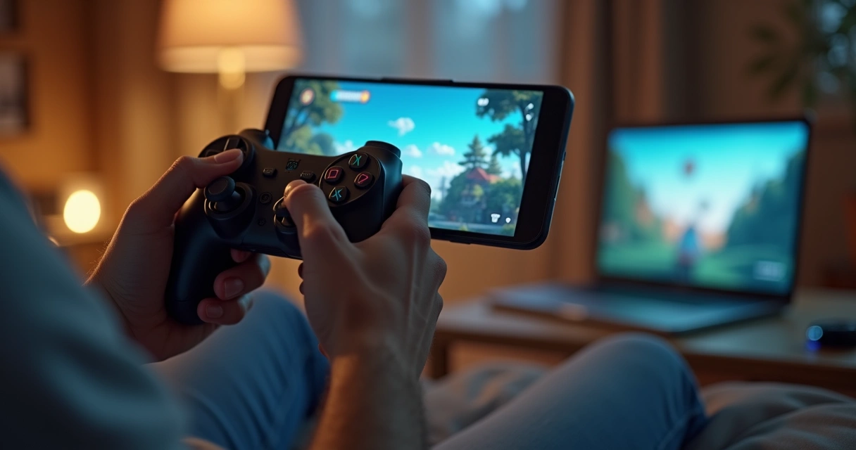 Pessoa jogando game digital no celular com controle Bluetooth 